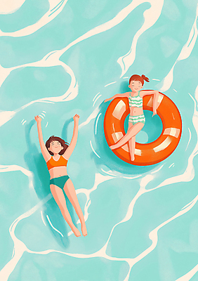 JPG 전신 여자 어린이 바다 일러스트 물놀이 휴식 수영장 여름방학 소녀 두명 물 여름 맑음 수영 떠있는 즐거움 청록색 튜브 소녀만 국내일러스트 AI일러스트 AI콘텐츠 자연요소 계절 감정 컬러 컨셉 모션 놀이 날씨 방학 사람 수상스포츠 여자만 어린이만 파일형식 여름_계절