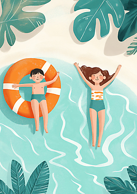 JPG 전신 여자 남자 어린이 바다 잎 일러스트 물놀이 수영장 여름방학 소녀 소년 해변 두명 물 여름 눕기 햇빛 맑음 수영 만세 떠있는 즐거움 청록색 튜브 어린이만 국내일러스트 AI일러스트 AI콘텐츠 자연요소 식물 계절 감정 컬러 모션 놀이 날씨 방학 사람 태양 수상스포츠 파일형식 여름_계절