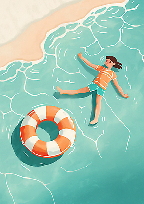 JPG 전신 여자 어린이 모래 바다 일러스트 물놀이 수영장 여름방학 한명 소녀 해변 물 여름 눕기 햇빛 맑음 수영 떠있는 즐거움 청록색 튜브 소녀한명만 국내일러스트 AI일러스트 AI콘텐츠 자연요소 1 계절 감정 컬러 모션 놀이 날씨 방학 사람 태양 수상스포츠 여자한명만 소녀만 파일형식 여름_계절