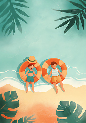 JPG 전신 모자 여자 남자 어린이 바다 잎 일러스트 물놀이 휴식 수영장 함께함 여름방학 소녀 소년 해변 두명 물 여름 눕기 맑음 떠있는 즐거움 청록색 튜브 어린이만 국내일러스트 AI일러스트 AI콘텐츠 자연요소 식물 잡화 계절 감정 컬러 컨셉 모션 놀이 날씨 방학 사람 파일형식 여름_계절