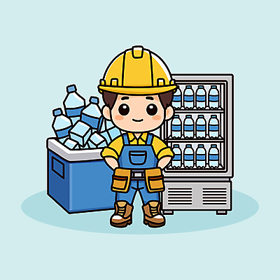 전신 남자 음료 인물캐릭터 일러스트 휴식 노동자 건설업 직업캐릭터 작업복 한명 안전 성인 물 귀여움 얼음 도구 더위 안전모 헬멧 주머니 시원함 물병 준비 냉장고 페트병 아이스박스 작업자 성인남자한명만 폭염주의보 일러캐릭터 폭염대비 AI파일 자연요소 직업 캐릭터 1 옷 산업 컨셉 날씨 사람 가전제품 대비 안전장비 보호장비 자연재해 물통 병_담는 남자한명만 성인남자만 파일형식 벡터