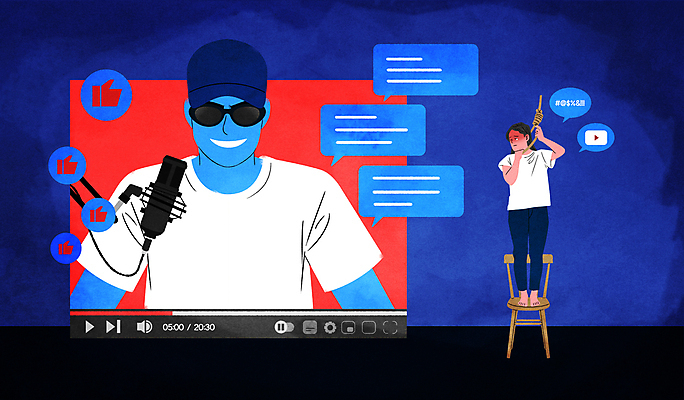 전신 PSD 모자 여자 남자 밧줄 말풍선 일러스트 성인 두명 선글라스 범죄 사회이슈 위협 마이크 동영상 동영상창 소문 자살 성인만 유튜버 가짜뉴스 사이버렉카 국내일러스트 잡화 안경 줄 음향기기 컨셉 사람 파일형식 크리에이터