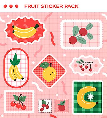 스티커 일러스트 바나나 선물 사람없음 빨간색 세트 귀여움 체리 사과 레몬 엘리먼트 다꾸 키치 국내일러스트 AI파일 컬러 컨셉 과일 신조어 약어 파일형식 벡터