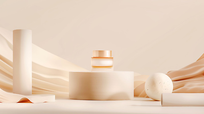 JPG 편집이미지 사람없음 화장 원형 고급 크림 원기둥 스킨케어 단상 베이지색 살구색 영양크림 포디움 목업 카피스페이스 편집실사 AI컴퓨터그래픽 AI콘텐츠 도형 컬러 컨셉 뷰티 화장품 공백 무대 CG 파일형식