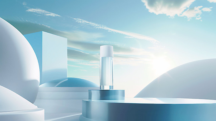 JPG 구름 편집이미지 하늘색 하늘 사람없음 햇빛 화장 투명 고급 시원함 스킨케어 단상 에센스 포디움 목업 카피스페이스 편집실사 AI컴퓨터그래픽 AI콘텐츠 자연요소 컨셉 파란색 태양 뷰티 화장품 공백 무대 CG 파일형식