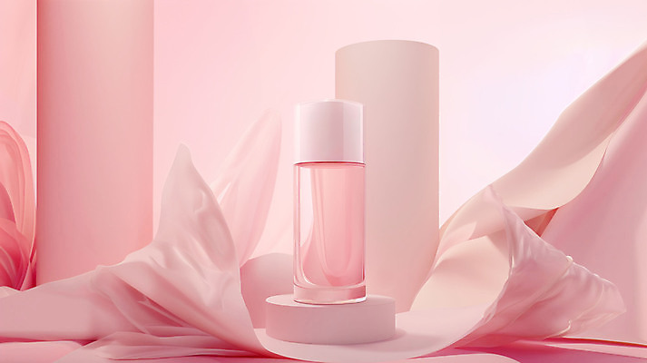 JPG 편집이미지 분홍색 사람없음 화장 고급 천 원기둥 스킨케어 단상 포디움 목업 카피스페이스 편집실사 AI컴퓨터그래픽 AI콘텐츠 컬러 컨셉 뷰티 공백 무대 직물 원형 CG 파일형식