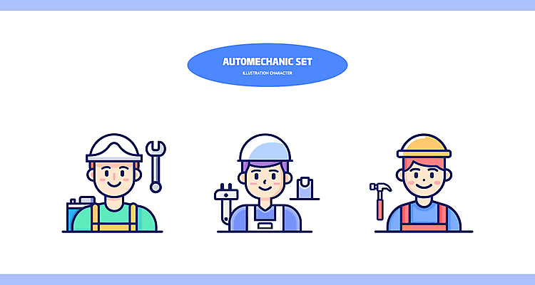 캐릭터 남자 일러스트 직업캐릭터 작업복 상반신 성인 세명 파란색 세트 스패너 망치 안전모 공구함 정비공 장도리 자동차정비 성인남자만 일러캐릭터 AI파일 직업 옷 컬러 사람 공구 기술자 수리 헬멧 안전장비 남자만 성인만 파일형식 벡터