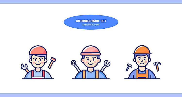캐릭터 남자 일러스트 직업캐릭터 작업복 상반신 성인 세명 파란색 세트 스패너 망치 안전모 정비공 장도리 자동차정비 성인남자만 일러캐릭터 AI파일 직업 옷 컬러 사람 공구 기술자 수리 헬멧 안전장비 남자만 성인만 파일형식 벡터