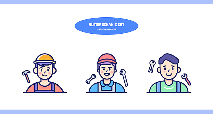 캐릭터 남자 일러스트 가위 직업캐릭터 집게 작업복 상반신 성인 세명 파란색 세트 스패너 망치 안전모 정비공 장도리 자동차정비 성인남자만 일러캐릭터 AI파일 직업 옷 컬러 문구용품 사람 공구 기술자 수리 헬멧 안전장비 남자만 성인만 파일형식 벡터