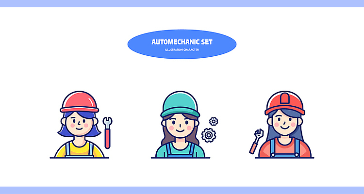 캐릭터 여자 일러스트 직업캐릭터 작업복 상반신 성인 세명 파란색 세트 스패너 안전모 톱니바퀴 정비공 자동차정비 성인여자만 일러캐릭터 AI파일 직업 옷 컬러 사람 공구 기술자 수리 헬멧 안전장비 여자만 성인만 파일형식 벡터