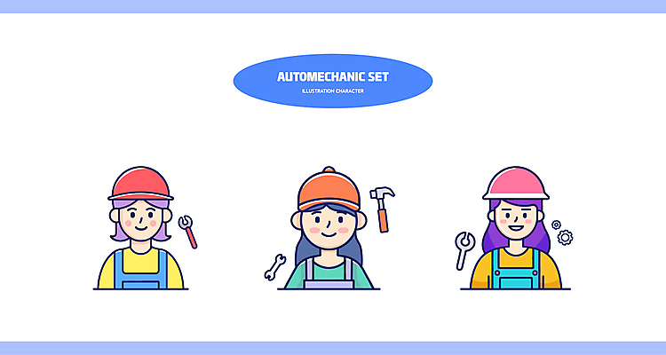 여자 일러스트 직업캐릭터 작업복 상반신 성인 세명 파란색 세트 스패너 망치 안전모 톱니바퀴 정비공 장도리 자동차정비 성인여자만 일러캐릭터 AI파일 직업 캐릭터 옷 컬러 사람 공구 기술자 수리 헬멧 안전장비 여자만 성인만 파일형식 벡터