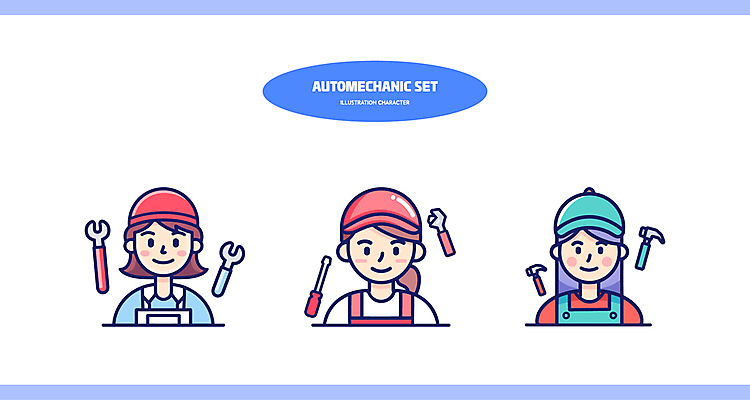 여자 일러스트 직업캐릭터 작업복 상반신 성인 세명 파란색 세트 스패너 드라이버 망치 안전모 정비공 자동차정비 성인여자만 일러캐릭터 AI파일 직업 캐릭터 옷 컬러 사람 공구 기술자 수리 헬멧 안전장비 여자만 성인만 파일형식 벡터