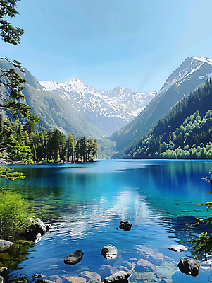 JPG 나무 편집이미지 호수 자연 하늘 산 풍경 사람없음 반사 고요 돌_바위 합성 편집실사 AI포토 AI콘텐츠 식물 CG 생태계 파일형식