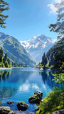 JPG 나무 편집이미지 호수 자연 하늘 산 풍경 사람없음 반사 고요 돌_바위 합성 편집실사 AI포토 AI콘텐츠 식물 CG 생태계 파일형식