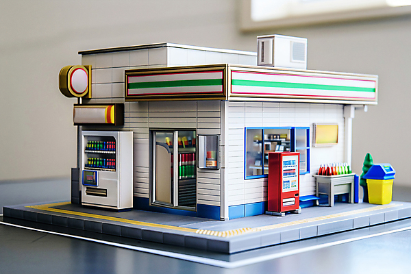 JPG 편집이미지 창문 사람없음 건물 3D 모형 미니어처 쓰레기통 자판기 편의시설 편의점 편집3D AI포토 AI콘텐츠 건축물 상점 디지털합성 시설 파일형식