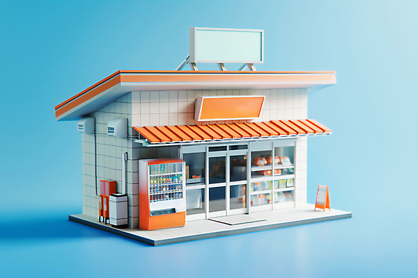 JPG 편집이미지 간판 사람없음 건물 3D 문 모형 주황색 미니어처 자판기 편의시설 편의점 편집3D AI포토 AI콘텐츠 건축물 컬러 상점 디지털합성 시설 파일형식