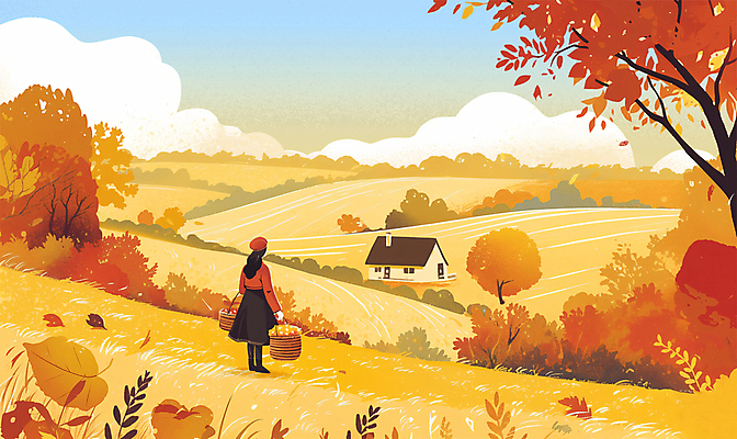 전신 PSD 여자 단풍 낙엽 밭 일러스트 단풍나무 주택 한명 들기 풍경 초원 성인 바구니 가을풍경 주황색 추수 가을 언덕 감성 성인여자한명만 국내일러스트 나무 1 계절 컬러 컨셉 잎 농업 모션 사람 건물 여자한명만 성인여자만 파일형식 가을_계절