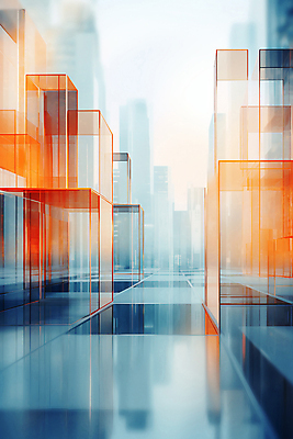 JPG 편집이미지 유리 빌딩 사람없음 그래픽 파란색 반사 주황색 투명 디지털합성 반투명 입체도형 타일바닥 글래스모피즘 편집실사 AI컴퓨터그래픽 AI콘텐츠 도형 디자인 컬러 재질 바닥 건물 입체 CG 파일형식