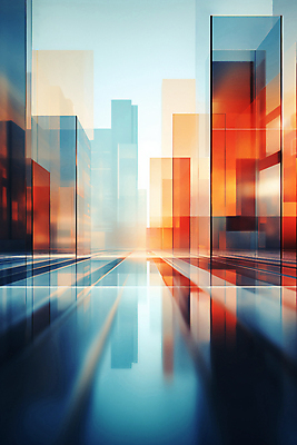 JPG 편집이미지 유리 빌딩 사람없음 그래픽 파란색 빛 반사 주황색 투명 디지털합성 반투명 입체도형 글래스모피즘 편집실사 AI컴퓨터그래픽 AI콘텐츠 도형 디자인 컬러 재질 건물 입체 CG 파일형식