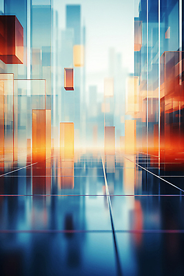 JPG 편집이미지 유리 빌딩 사람없음 그래픽 파란색 빛 반사 주황색 투명 디지털합성 반투명 입체도형 타일바닥 글래스모피즘 편집실사 AI컴퓨터그래픽 AI콘텐츠 도형 디자인 컬러 재질 바닥 건물 입체 CG 파일형식