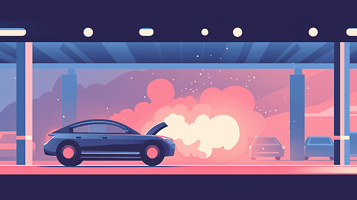 JPG 일러스트 자동차 불 안전 사람없음 연기 위험 주차 폭발 사건 사회이슈 화재 주차장 전기자동차 차고 디지털아트 차사고 국내일러스트 AI일러스트 AI콘텐츠 자연요소 육상교통 컨셉 파일형식