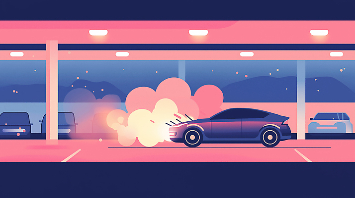 JPG 일러스트 자동차 안전 사람없음 연기 위험 주차 사건 사회이슈 주차장 전기자동차 차고 디지털아트 차사고 국내일러스트 AI일러스트 AI콘텐츠 육상교통 컨셉 파일형식