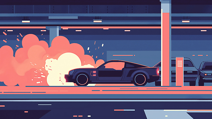JPG 일러스트 자동차 안전 사람없음 연기 위험 사건 사회이슈 주차장 전기자동차 차고 디지털아트 차사고 국내일러스트 AI일러스트 AI콘텐츠 육상교통 컨셉 파일형식