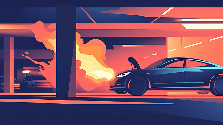 JPG 일러스트 자동차 불 안전 사람없음 연기 위험 사건 사회이슈 화재 주차장 전기자동차 차고 디지털아트 차사고 국내일러스트 AI일러스트 AI콘텐츠 자연요소 육상교통 컨셉 파일형식