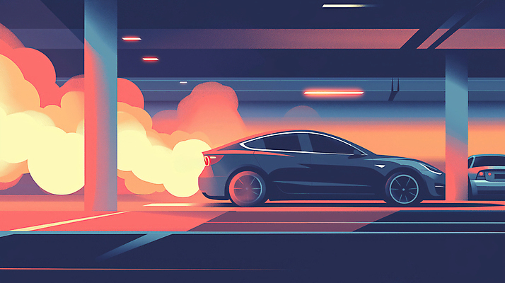 JPG 일러스트 자동차 불 안전 사람없음 연기 위험 주차 폭발 사건 사회이슈 화재 주차장 전기자동차 차고 디지털아트 차사고 국내일러스트 AI일러스트 AI콘텐츠 자연요소 육상교통 컨셉 파일형식