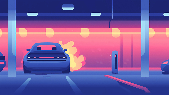 JPG 일러스트 자동차 불 안전 사람없음 연기 위험 주차 폭발 사건 사회이슈 화재 주차장 전기자동차 차고 디지털아트 차사고 국내일러스트 AI일러스트 AI콘텐츠 자연요소 육상교통 컨셉 파일형식