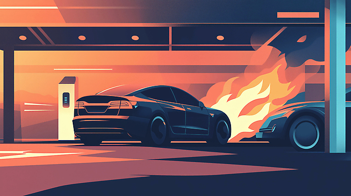 JPG 일러스트 자동차 안전 사람없음 연기 위험 주차 사건 사회이슈 주차장 전기자동차 차고 디지털아트 차사고 국내일러스트 AI일러스트 AI콘텐츠 육상교통 컨셉 파일형식