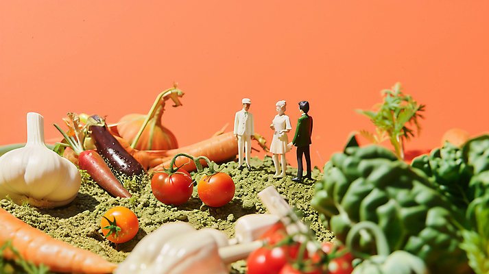 JPG 편집이미지 여자 남자 인형 토마토 가지 마늘 성인 세명 당근 미니어처 상추 성인만 편집실사 AI포토 AI콘텐츠 채소 뿌리채소 사람 모형 CG 파일형식