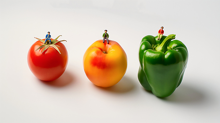 JPG 편집이미지 남자 인형 토마토 피망 앉기 성인 세명 미니어처 복숭아 성인남자만 편집실사 AI포토 AI콘텐츠 채소 과일 모션 사람 모형 CG 남자만 성인만 파일형식