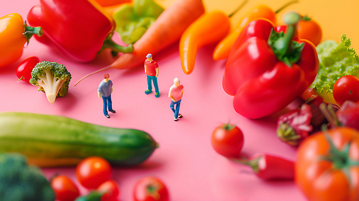 JPG 편집이미지 남자 인형 토마토 오이 파프리카 성인 세명 미니어처 상추 브로콜리 성인남자만 편집실사 AI포토 AI콘텐츠 채소 사람 모형 CG 남자만 성인만 파일형식