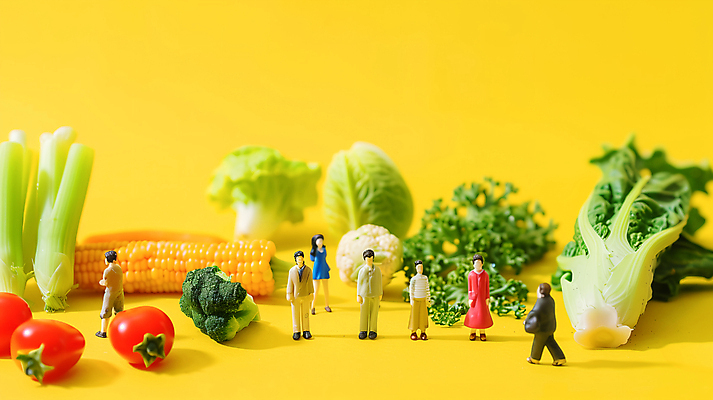 JPG 편집이미지 여자 남자 인형 방울토마토 옥수수 여러명 성인 미니어처 상추 브로콜리 배추 샐러리 성인만 편집실사 AI포토 AI콘텐츠 다수 토마토 채소 곡류 사람 모형 CG 파일형식