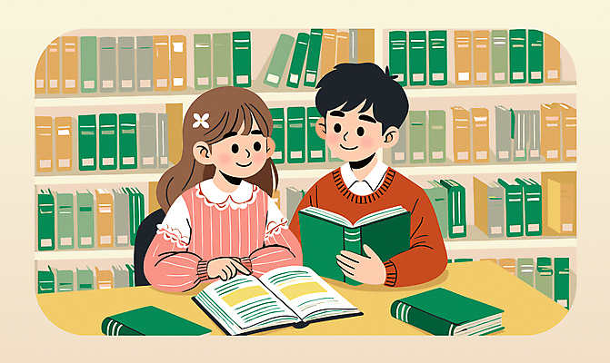 여자 남자 초등학생 어린이 일러스트 책장 소녀 소년 두명 책 초록색 친구 독서 가을 도서관 읽기 어린이만 국내일러스트 AI파일 학생 계절 교육 컬러 가구 관계 모션 사람 파일형식 벡터