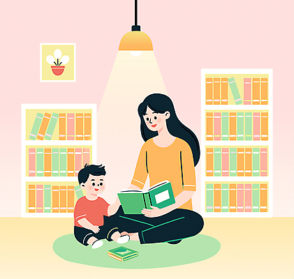 전신 여자 남자 아들 어린이 일러스트 엄마 책장 소년 성인 두명 책 독서 노란색 육아 가을 도서관 읽기 국내일러스트 AI파일 계절 교육 컬러 가구 가족 모션 사람 파일형식 벡터