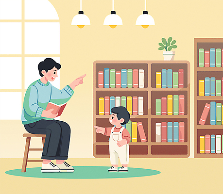 전신 남자 아들 어린이 일러스트 책장 앉기 소년 성인 두명 책 독서 노란색 육아 가을 가리킴 아빠 도서관 읽기 남자만 국내일러스트 AI파일 계절 교육 컬러 가구 가족 모션 사람 손짓 파일형식 벡터