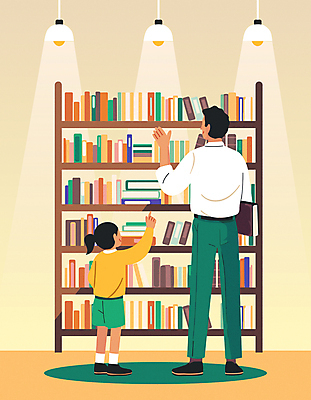 전신 여자 남자 딸 초등학생 어린이 일러스트 책장 소녀 성인 두명 책 독서 노란색 육아 가을 가리킴 아빠 도서관 국내일러스트 AI파일 학생 계절 교육 컬러 가구 가족 사람 손짓 파일형식 벡터