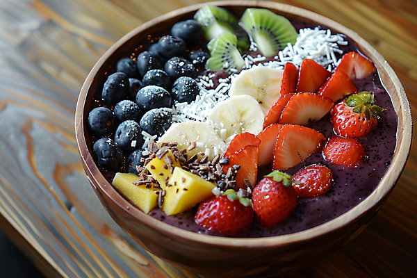 JPG 편집이미지 그릇 딸기 바나나 키위 사람없음 달콤 아침식사 디지털합성 블루베리 하와이 베리 아사이베리 아사이볼 편집실사 AI포토 AI콘텐츠 식기 열매 음식 과일 식사 미국 맛 CG 파일형식