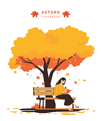 전신 라이프스타일 여자 낙엽 벤치 일러스트 단풍나무 한명 앉기 성인 일상 생활 책 독서 주황색 가을 분위기 성인여자한명만 국내일러스트 AI파일 나무 1 계절 컬러 컨셉 단풍 잎 의자 모션 사람 라이프 여자한명만 성인여자만 파일형식 벡터