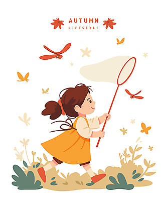 전신 라이프스타일 여자 꽃 어린이 일러스트 한명 소녀 일상 생활 달리기 주황색 가을 분위기 잠자리 채집망 소녀한명만 국내일러스트 AI파일 식물 1 계절 컬러 곤충 컨셉 모션 사람 라이프 여자한명만 소녀만 파일형식 벡터