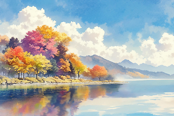 JPG 나무 구름 호수 낙엽 일러스트 자연 하늘 수채화 산 풍경 사람없음 컬러풀 가을 분위기 카피스페이스 국내일러스트 AI일러스트 AI콘텐츠 자연요소 식물 계절 컬러 컨셉 잎 공백 생태계 파일형식