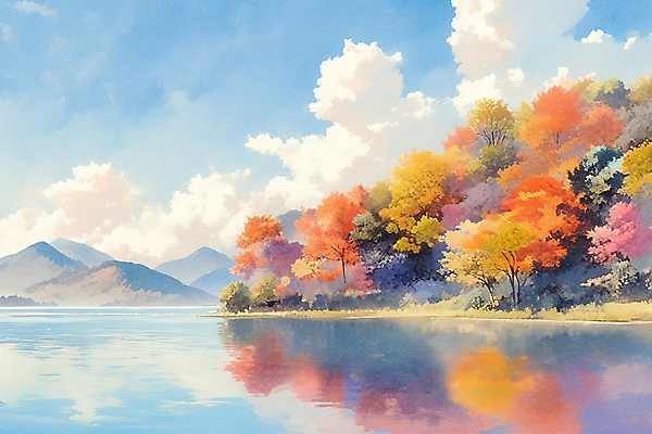 JPG 나무 구름 호수 낙엽 일러스트 자연 하늘 수채화 산 풍경 사람없음 컬러풀 가을 분위기 카피스페이스 국내일러스트 AI일러스트 AI콘텐츠 자연요소 식물 계절 컬러 컨셉 잎 공백 생태계 파일형식