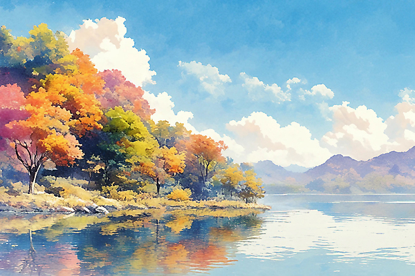 JPG 나무 구름 호수 낙엽 일러스트 자연 하늘 수채화 산 풍경 사람없음 컬러풀 가을 분위기 카피스페이스 국내일러스트 AI일러스트 AI콘텐츠 자연요소 식물 계절 컬러 컨셉 잎 공백 생태계 파일형식