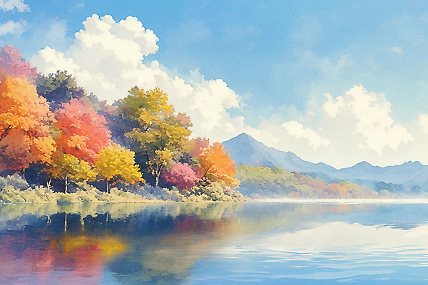 JPG 나무 구름 호수 낙엽 일러스트 자연 하늘 수채화 산 풍경 사람없음 컬러풀 가을 분위기 카피스페이스 국내일러스트 AI일러스트 AI콘텐츠 자연요소 식물 계절 컬러 컨셉 잎 공백 생태계 파일형식