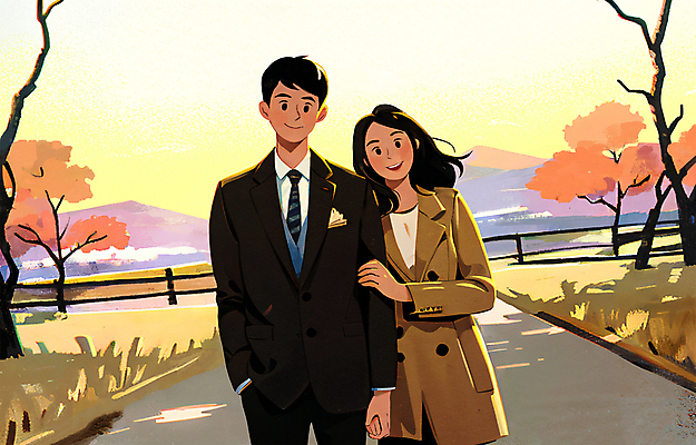 PSD 나무 커플 여자 남자 단풍 데이트 일러스트 정장 성인 두명 갈색 팔짱 노을 가을풍경 감성 성인만 국내일러스트 자연요소 식물 옷 컬러 컨셉 잎 관계 모션 사람 풍경 파일형식 가을_계절