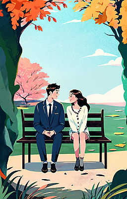 PSD 나무 커플 공원 여자 남자 단풍 벤치 데이트 일러스트 앉기 성인 두명 초록색 마주보기 가을풍경 감성 성인만 국내일러스트 식물 공공시설 컬러 컨셉 잎 의자 관계 모션 사람 풍경 파일형식 가을_계절