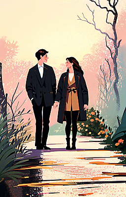 PSD 커플 여자 남자 분홍색 단풍 데이트 일러스트 성인 두명 마주보기 걷기 가을풍경 손잡기 감성 성인만 국내일러스트 컬러 컨셉 잎 관계 모션 사람 풍경 파일형식 가을_계절