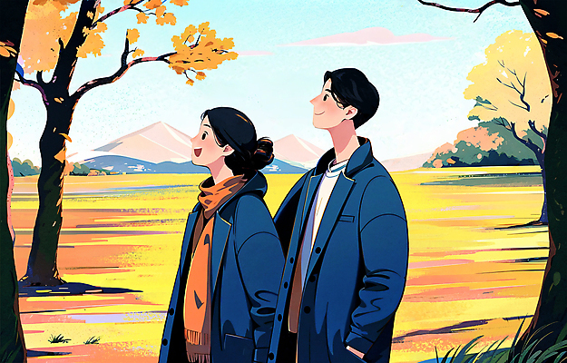 PSD 나무 커플 여자 남자 단풍 데이트 일러스트 성인 두명 노란색 가을풍경 감성 성인만 국내일러스트 식물 컬러 컨셉 잎 관계 사람 풍경 파일형식 가을_계절